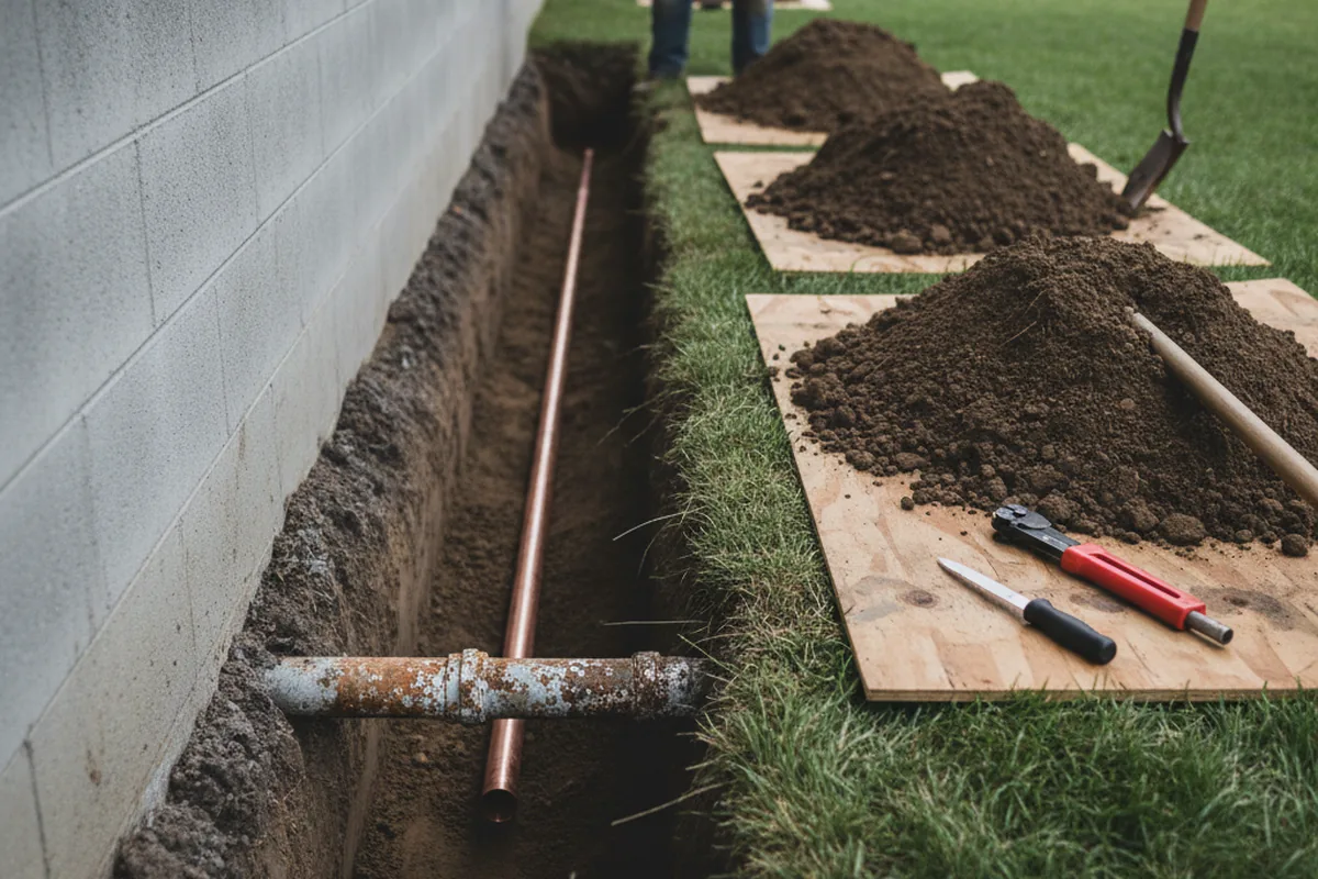 Excavated water line trench during Water Softener Installation in Crown Point